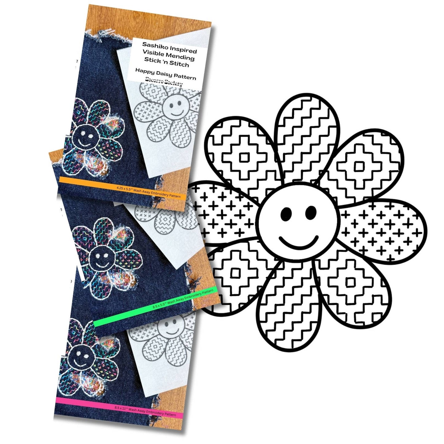 Sashiko Daisy- Visible Mending Stick and Stitch Pattern: Small