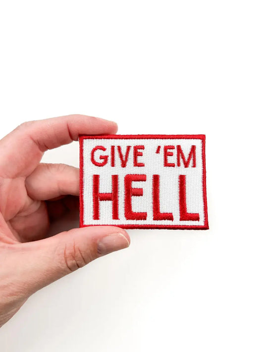 Give 'Em Hell Embroidered Iron-On Patch Cowboy Rodeo Red