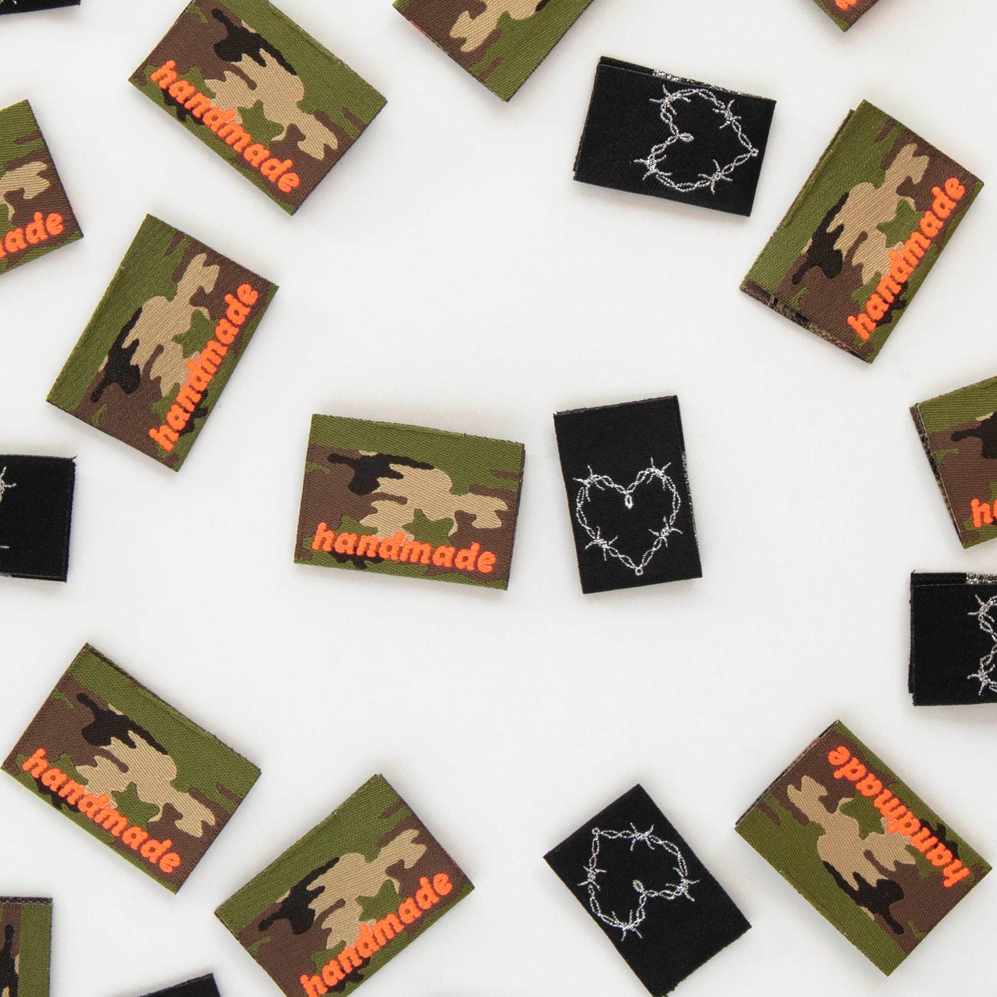 Camo and Barbed Wire Heart Multipack Woven Sewing Labels