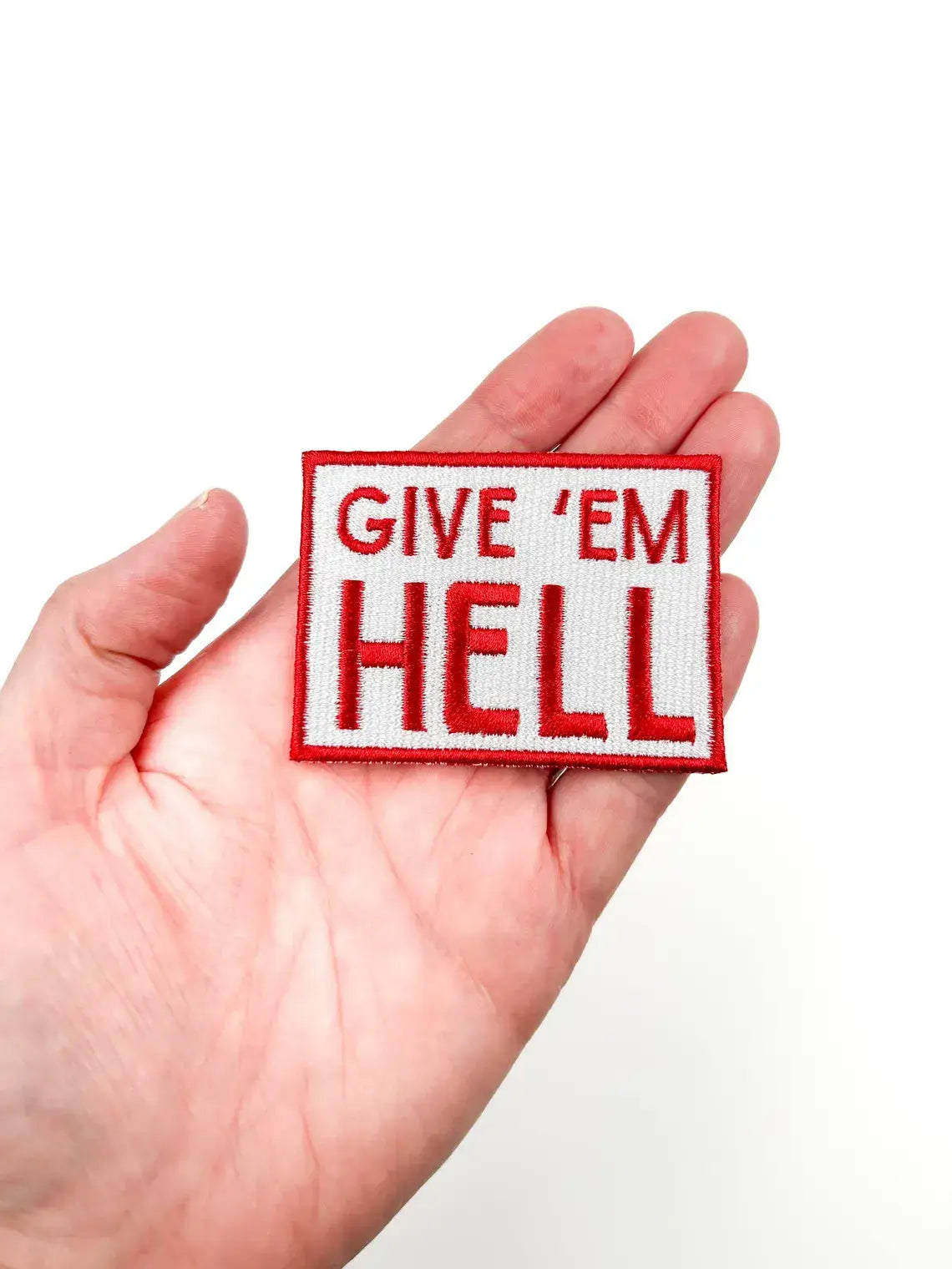 Give 'Em Hell Embroidered Iron-On Patch Cowboy Rodeo Red