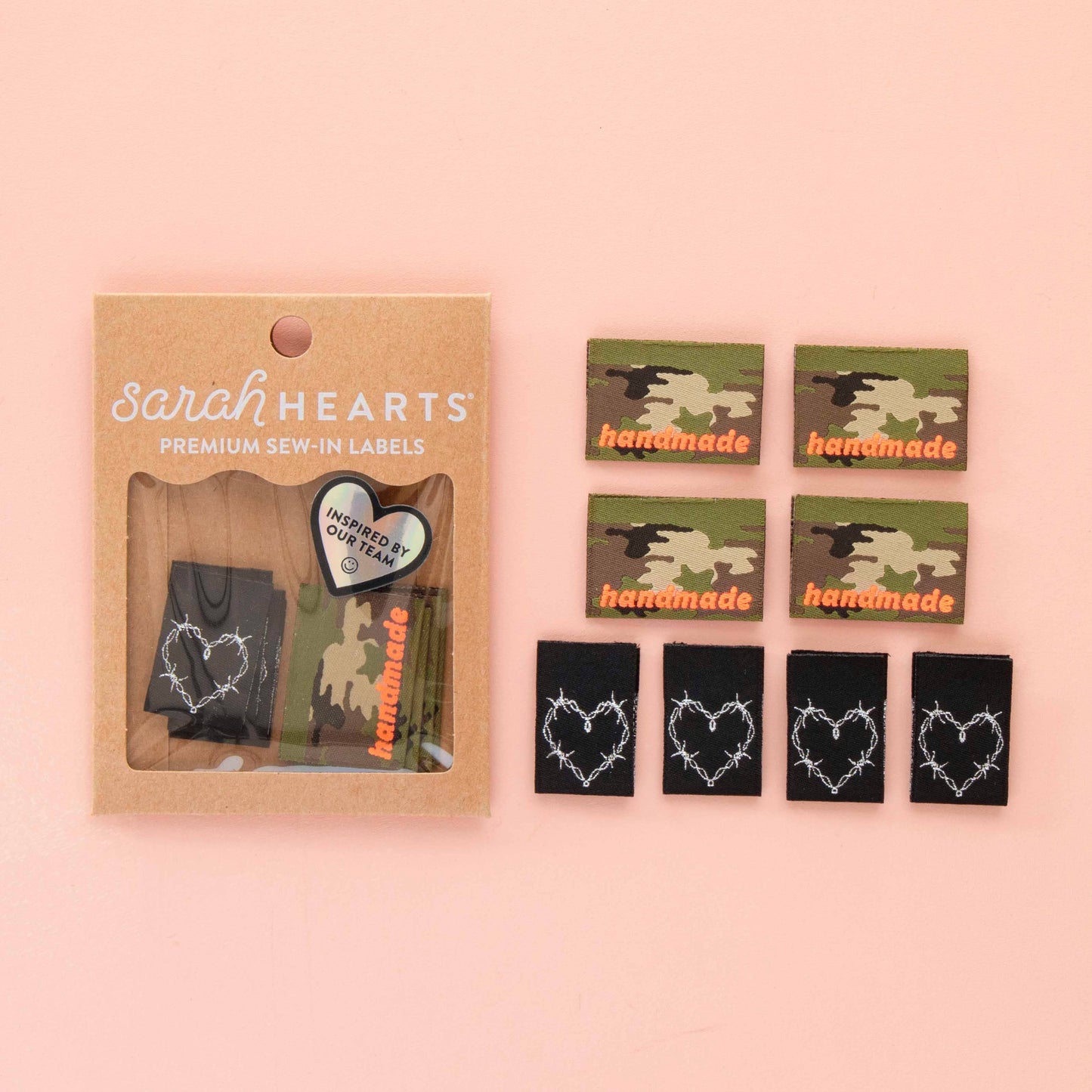 Camo and Barbed Wire Heart Multipack Woven Sewing Labels