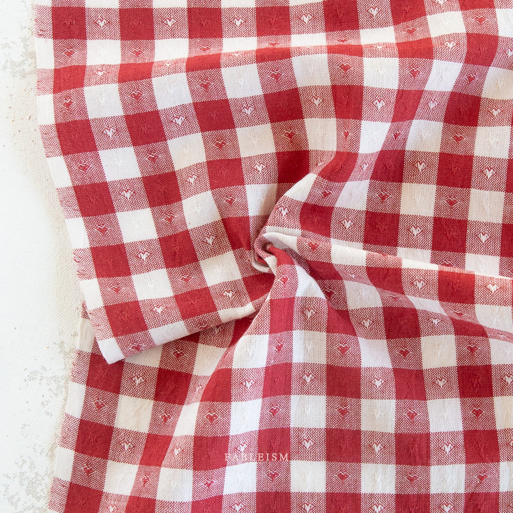 Dobby Hearts Gingham in Cherry