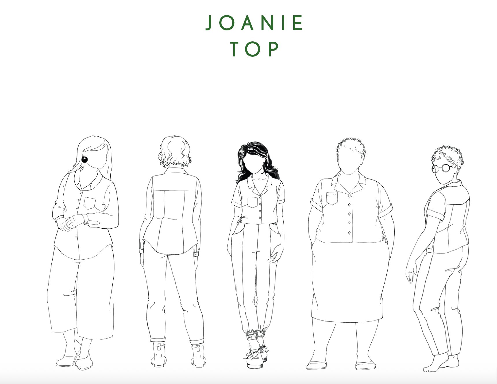 A white graphic with the green text 'JOANIE TOP' above five black line drawings of a single garment shown from multiple body shapes and angles.