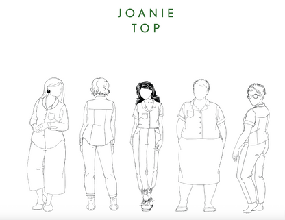 A white graphic with the green text 'JOANIE TOP' above five black line drawings of a single garment shown from multiple body shapes and angles.