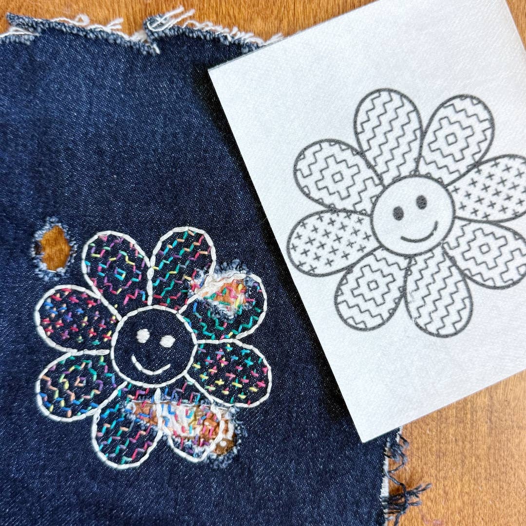 Sashiko Daisy- Visible Mending Stick and Stitch Pattern: Small