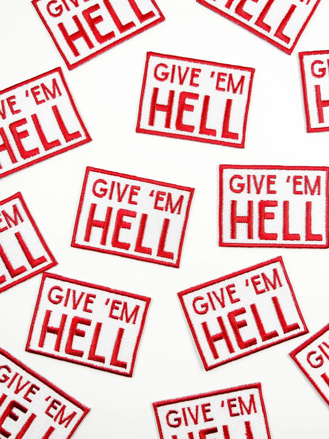 Give 'Em Hell Embroidered Iron-On Patch Cowboy Rodeo Red