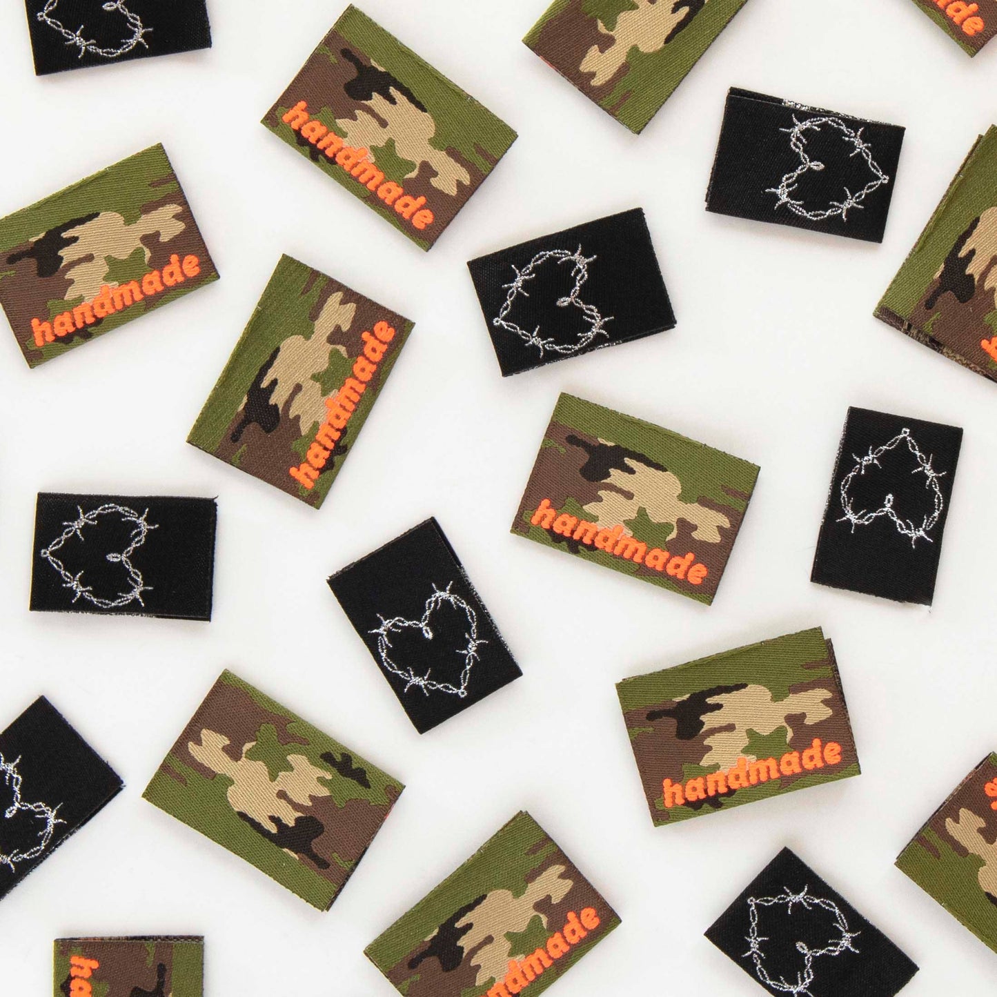 Camo and Barbed Wire Heart Multipack Woven Sewing Labels